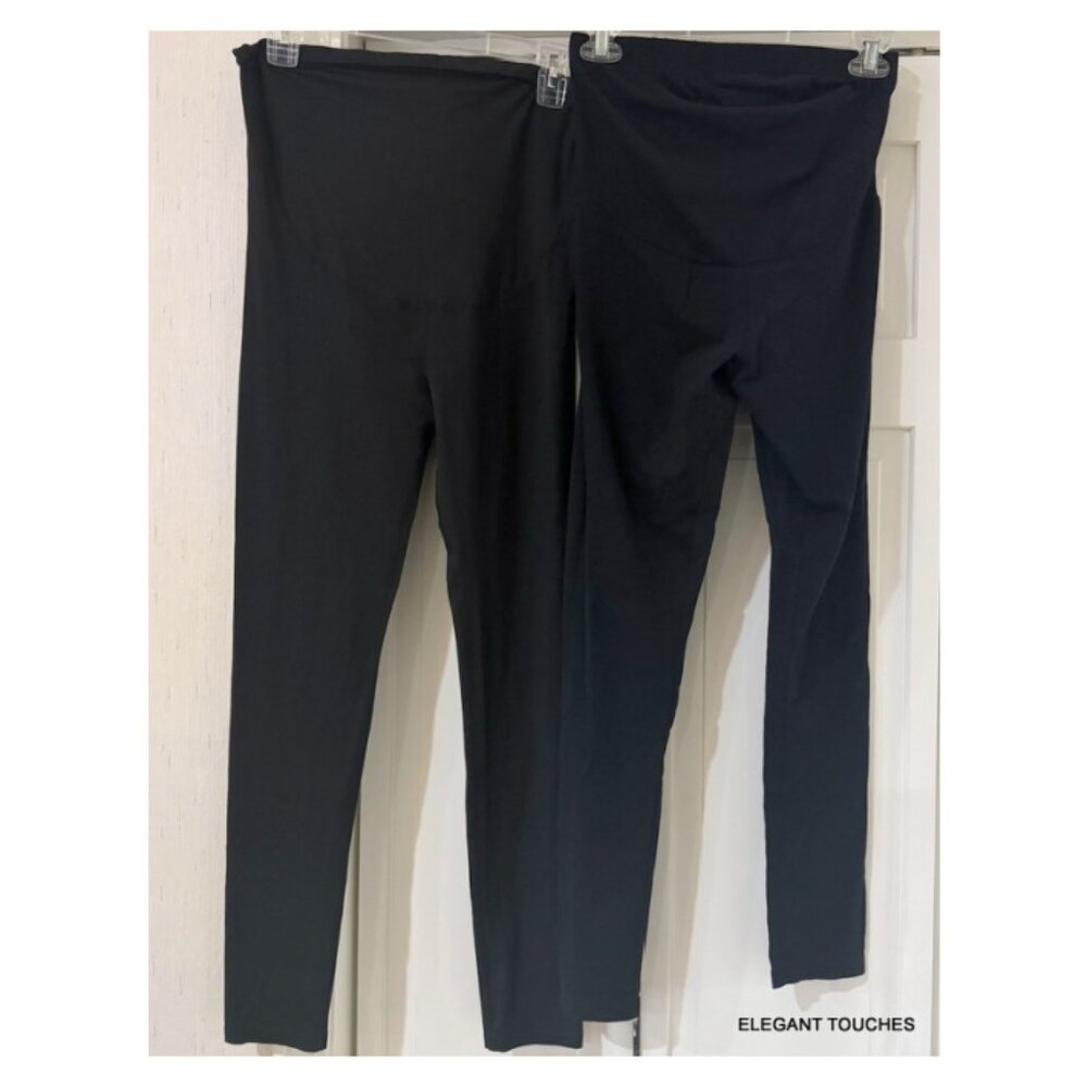 2 pair Serra Maternity Black Knit Leggings Ankle Length Stretchy Waist BUNDLE